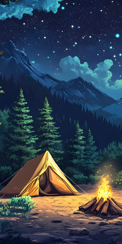 Oriental Art Mountain Campfire 8K Ultra HD Phone Wallpaper