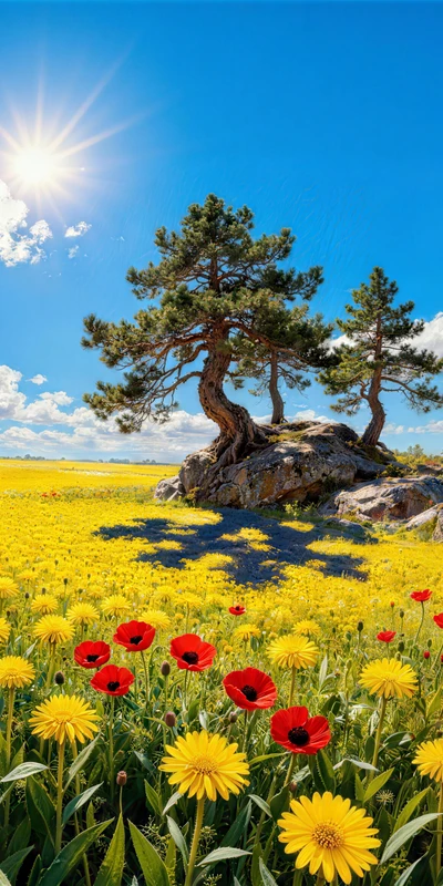 Chinese Style Pine Trees in Golden Flower Field 8K Desktop Wallpaper