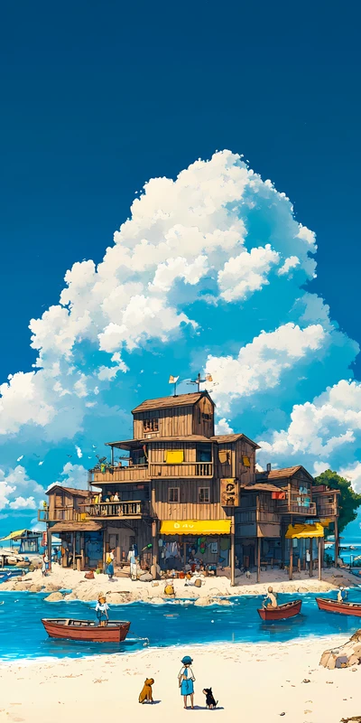 Japanese Coastal Village 8K Ultra HD Phone Wallpaper