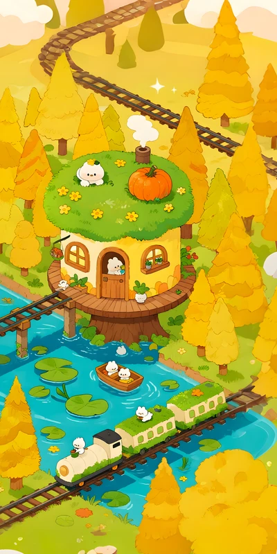 Kawaii Autumn Forest Cottage 8K Phone Wallpaper