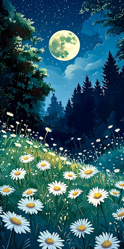 Japanese Moonlit Daisy Field 8K Ultra HD Phone Wallpaper