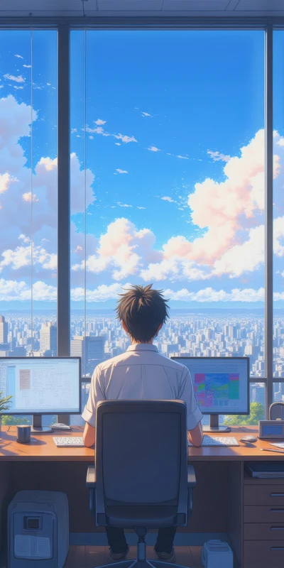 Anime Office View Cityscape 8K Ultra HD Phone Wallpaper