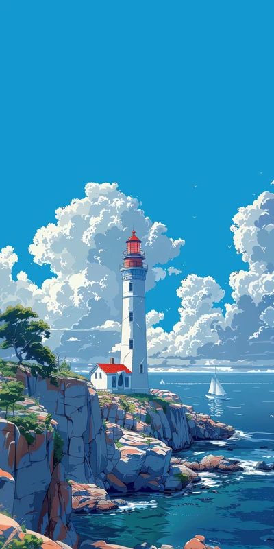 Anime Coastal Lighthouse 8K Ultra HD Phone Wallpaper