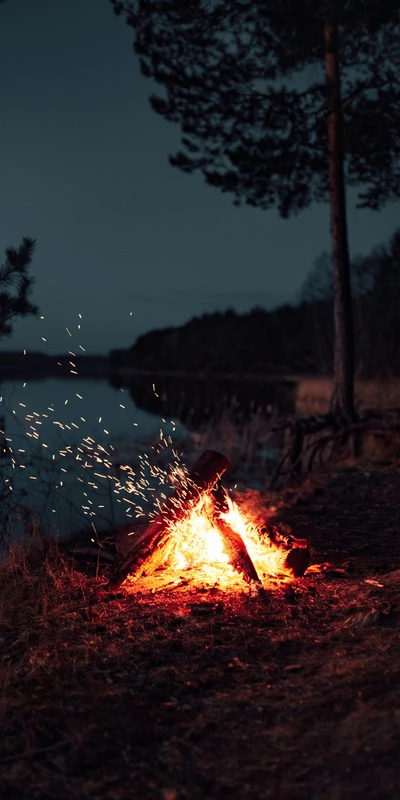 Minimalist Campfire by Lake 4K Phone Wallpaper