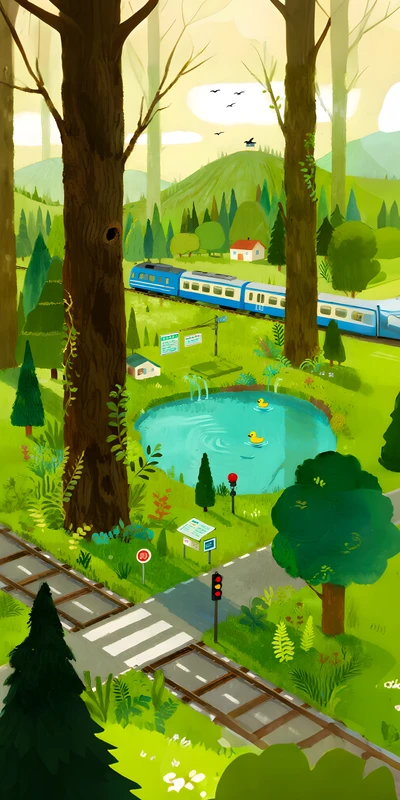 Illustrated Forest Train Scene 8K Ultra HD Phone Wallpaper