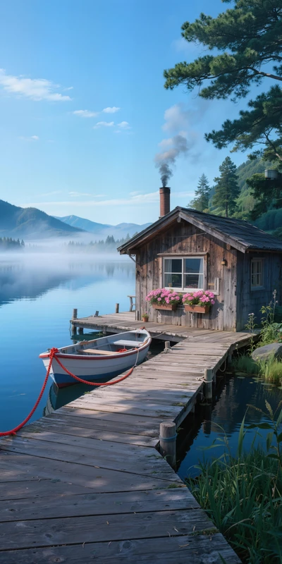 Nordic Lakeside Log Cabin 8K Wallpaper