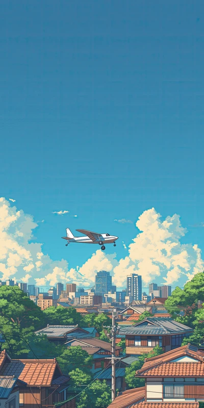 Anime Cityscape with Flying Plane 8K Ultra HD Phone Wallpaper