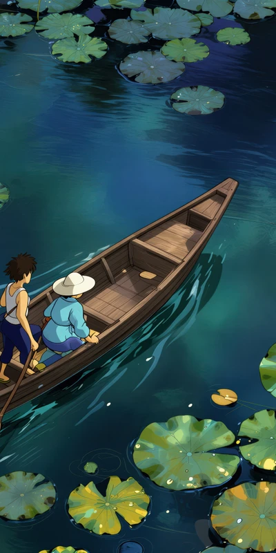 Studio Ghibli Style Boat on Lily Pond 8K Ultra HD Phone Wallpaper