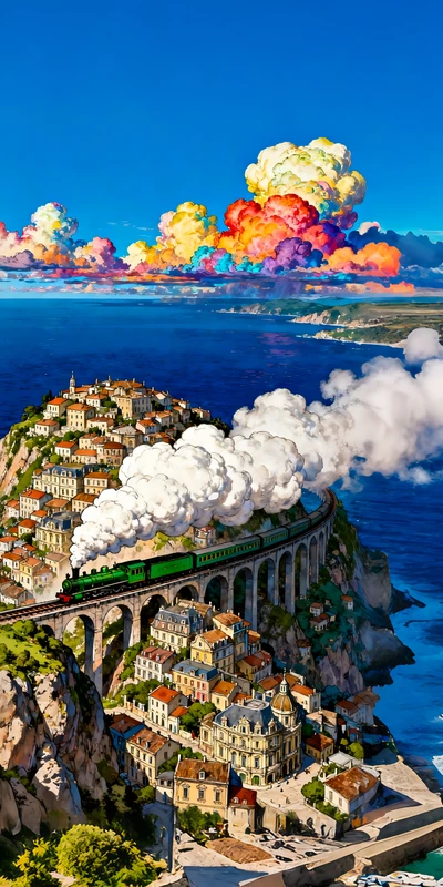 Coastal Village Train Oriental Art 4K 8K Ultra HD Wallpaper Collection - Pack with 3 wallpapers for $1