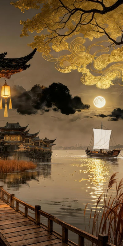 Chinese-style Night Scene Ancient Boat 8K Desktop Wallpaper