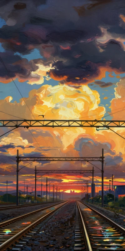 Anime-Style Railway Sunset 8K Ultra HD Phone Wallpaper