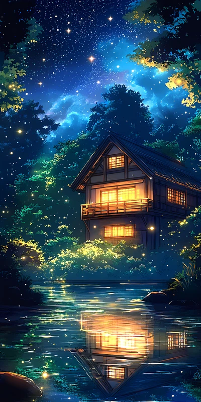 Japanese Starry Night Cottage 8K Ultra HD Phone Wallpaper