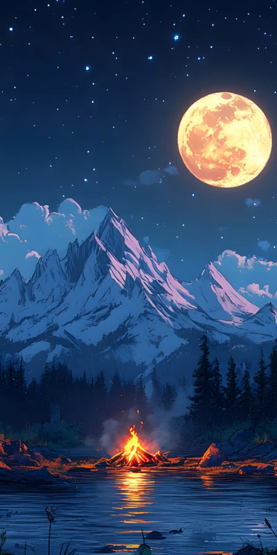 Oriental Art Moonlit Mountains 8K Ultra HD Phone Wallpaper
