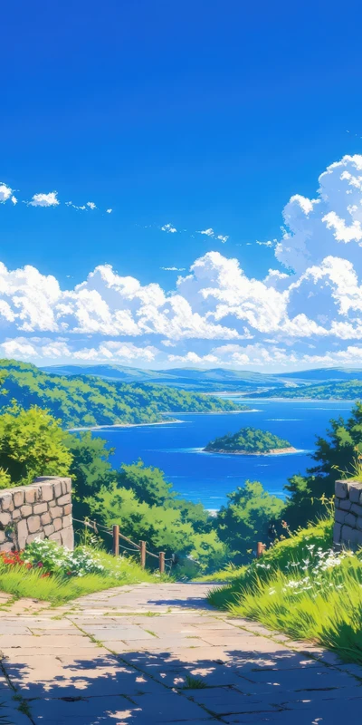 Studio Ghibli Style Lakeside Path 8K Ultra HD Phone Wallpaper