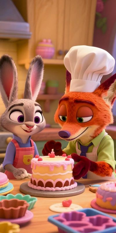 Zootopia Bunny and Fox Baking Cake 8K Ultra HD Phone Wallpaper