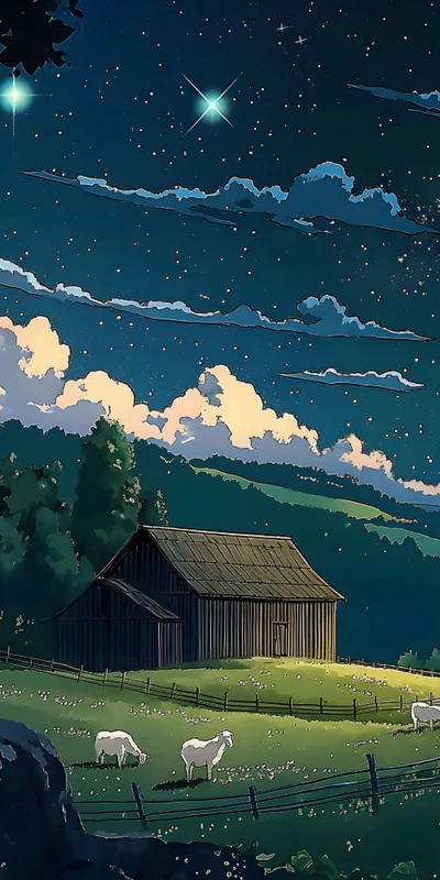 Miyazaki-Style Night Sky Pasture 8K Desktop Wallpaper