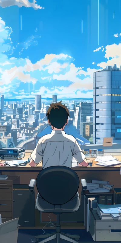 Anime Cityscape Office View 8K Ultra HD Phone Wallpaper