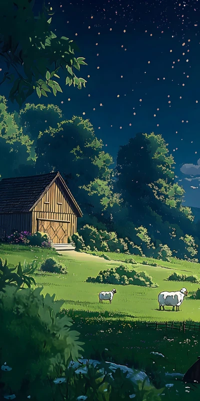 Miyazaki-Style Night Pasture 8K Desktop Wallpaper