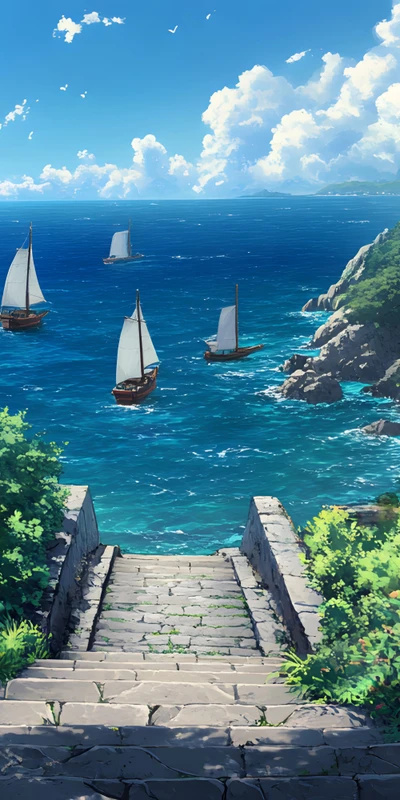 Japanese Anime-Style Seaside Sailing Boats 8K Desktop Wallpaper