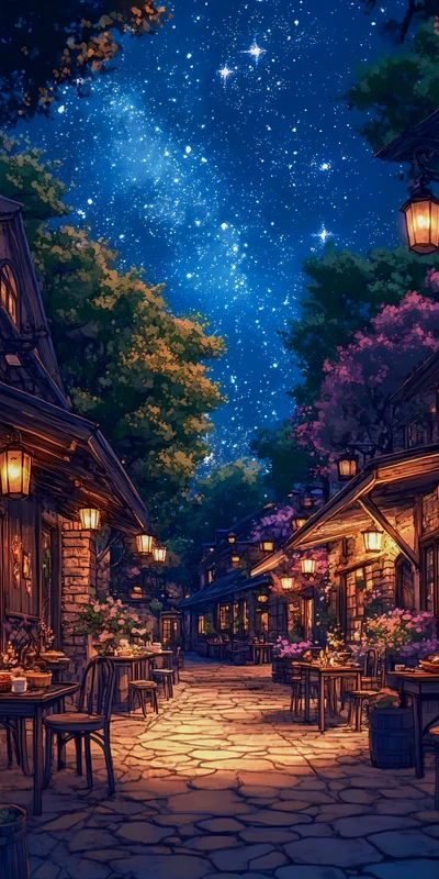 Anime Village Night Sky 8K Ultra HD Phone Wallpaper