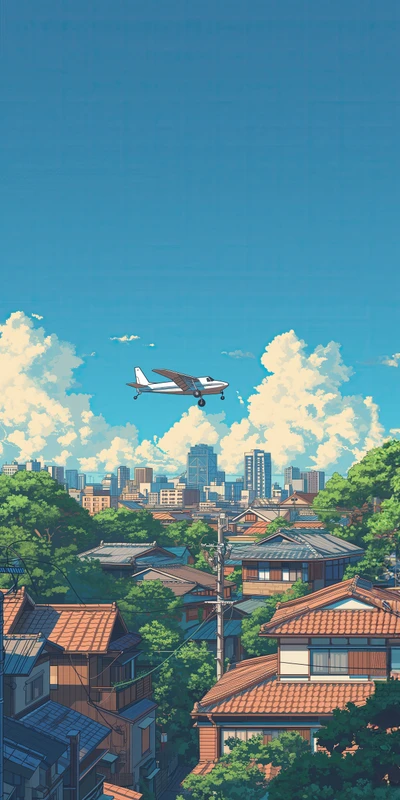 Japanese Cityscape with Airplane 8K Ultra HD Phone Wallpaper