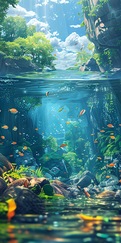 Oriental Art Underwater River 4K Phone Wallpaper