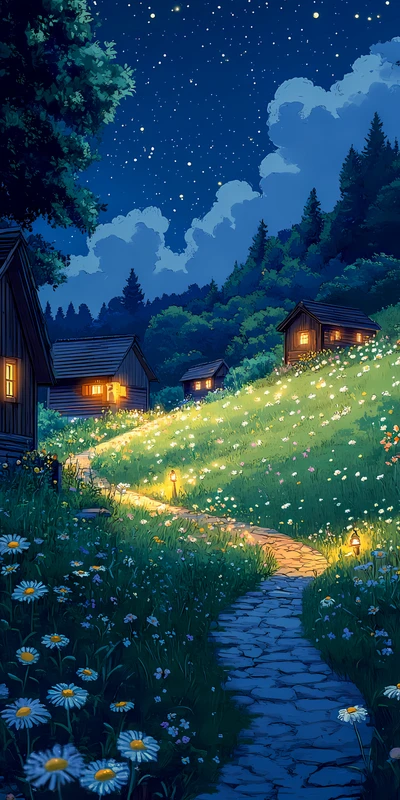 Japanese Night Village 8K Ultra HD Phone Wallpaper