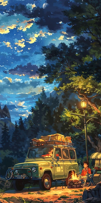 Studio Ghibli Style Campfire Van Night 8K Phone Wallpaper