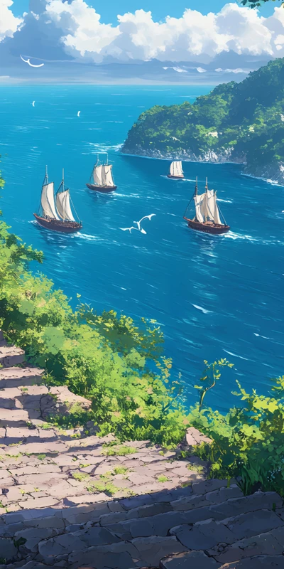 Japanese Anime-Style Seaside Sailing Ships 8K Desktop Wallpaper