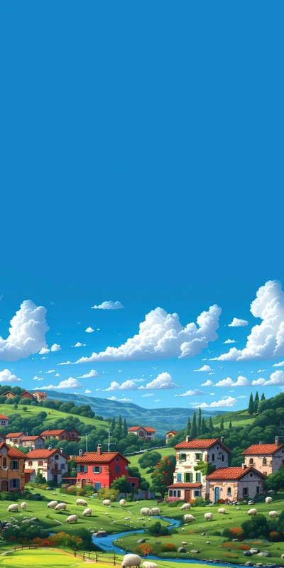 Anime Village Landscape 8K Ultra HD Phone Wallpaper