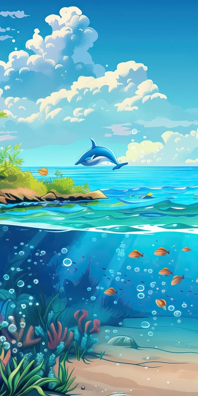 Cartoon Ocean Dolphin Scene 8K Ultra HD Phone Wallpaper