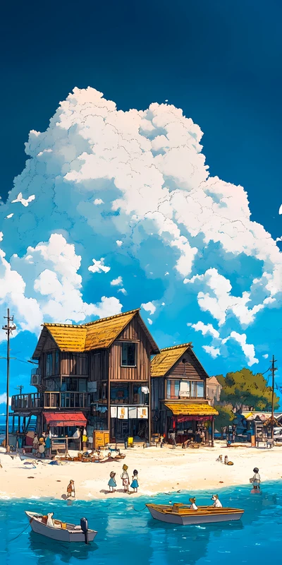 Japanese Coastal Village 8K Ultra HD Phone Wallpaper