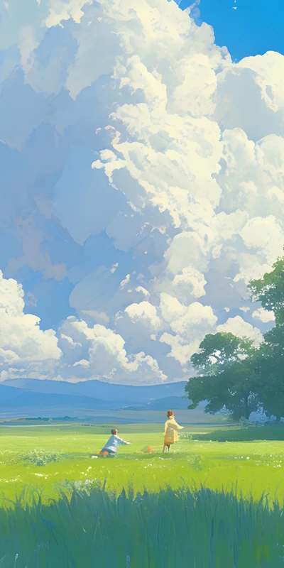 Ghibli-Style Meadow Scene 8K Ultra HD Phone Wallpaper