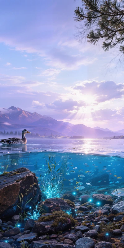 Dreamy Lake Scene with Duck Silhouette 8K Desktop Wallpaper
