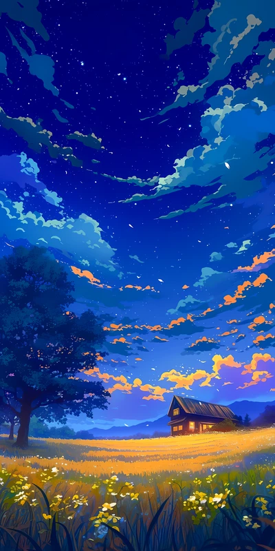 Japanese Starry Night Cottage 8K Ultra HD Phone Wallpaper
