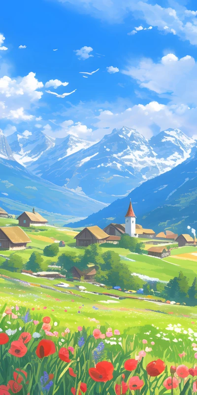 Alpine Village Spring Flowers 8K Ultra HD Phone Wallpaper