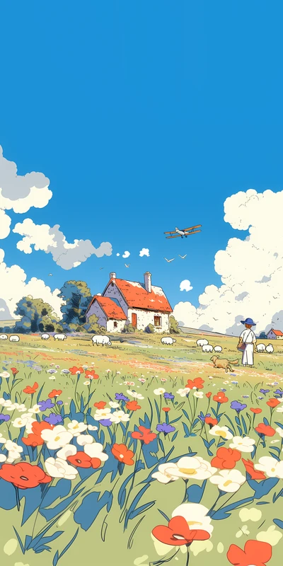 Studio Ghibli Style Flower Field 8K Ultra HD Phone Wallpaper