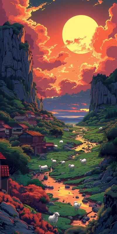 Japanese Anime Valley Sunset 8K Ultra HD Phone Wallpaper