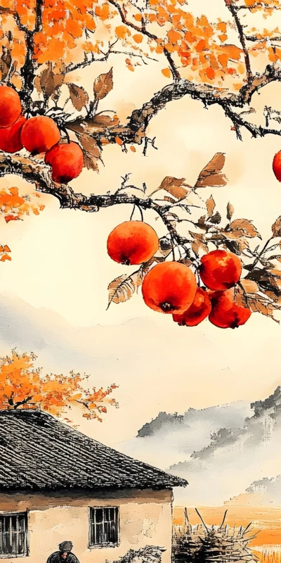 Chinese Style Persimmon Tree 8K Desktop Wallpaper