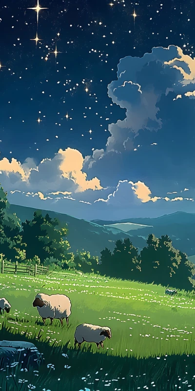 Miyazaki-Style Night Sky with Sheep 8K Desktop Wallpaper