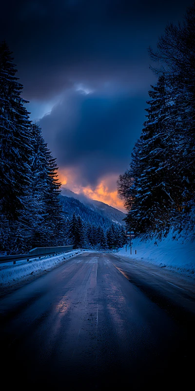 Winter Mountain Road at Sunset 8K Ultra HD Phone Wallpaper