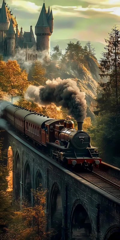 Fantasy Castle Train Bridge 8K Ultra HD Phone Wallpaper