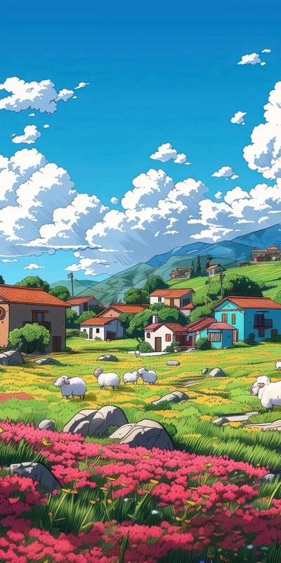 Anime Village Spring Meadow 8K Ultra HD Phone Wallpaper