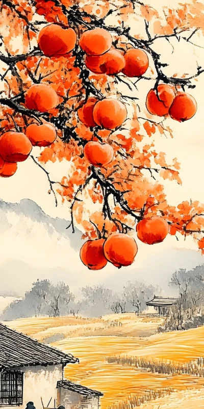 Chinese Style Persimmon Tree 8K Desktop Wallpaper