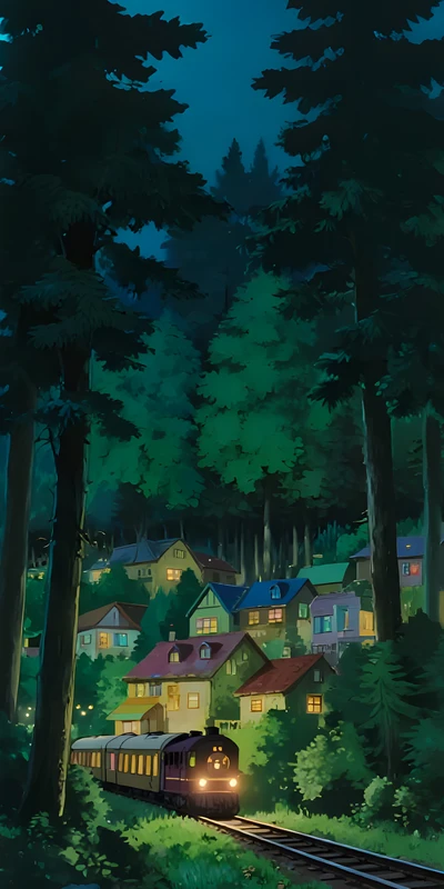 Anime Forest Village Train 8K Ultra HD Phone Wallpaper
