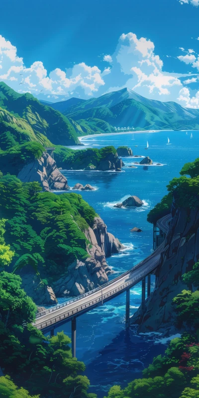 Anime Coastal Mountain Bridge 8K Ultra HD Phone Wallpaper