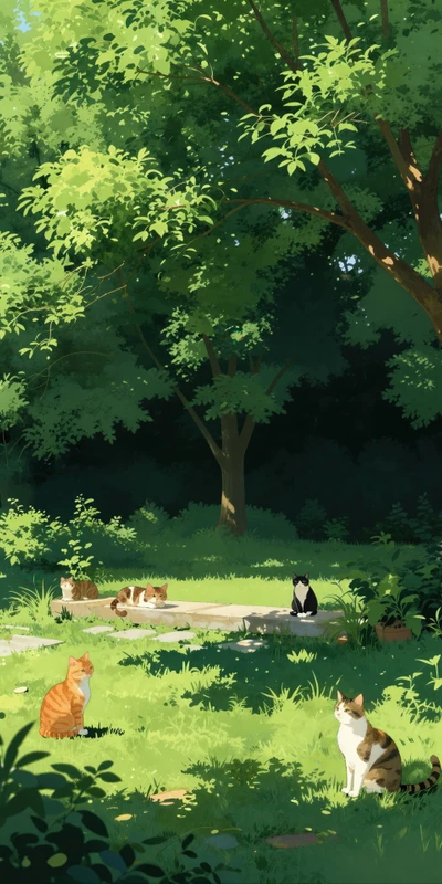 Japanese Garden Cats 8K Ultra HD Phone Wallpaper