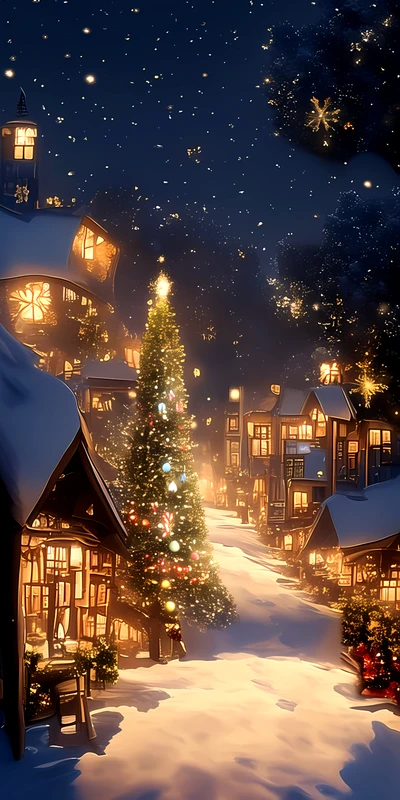 Oriental Winter Village Christmas Tree 8K Ultra HD Phone Wallpaper