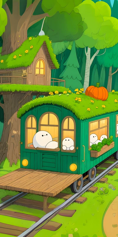 Kawaii Forest Train Car 8K Ultra HD Phone Wallpaper