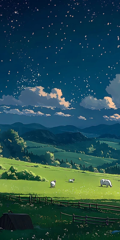 Miyazaki-Style Night Sky Prairie 8K Desktop Wallpaper